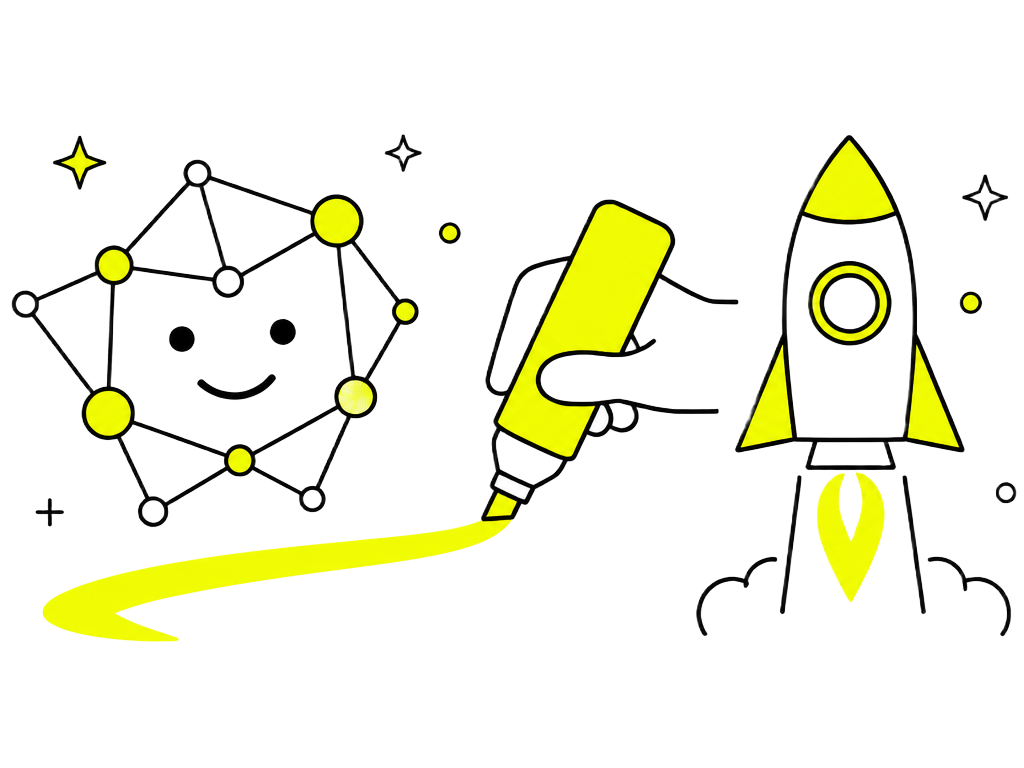 Flat illustration of a friendly network, a highlighter drawing a stroke, and a rocket