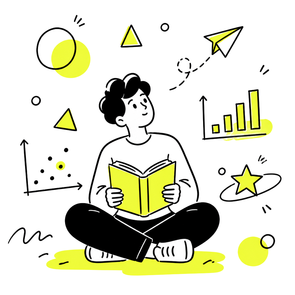 Illustration of a person reading, surrounded by charts, shapes and a paper plane
